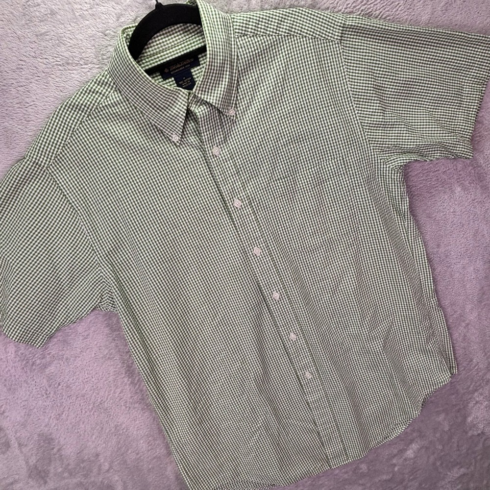 Brooks Brothers Mens Shirt M Green White Seers Sucker Short Sleeve Button Down